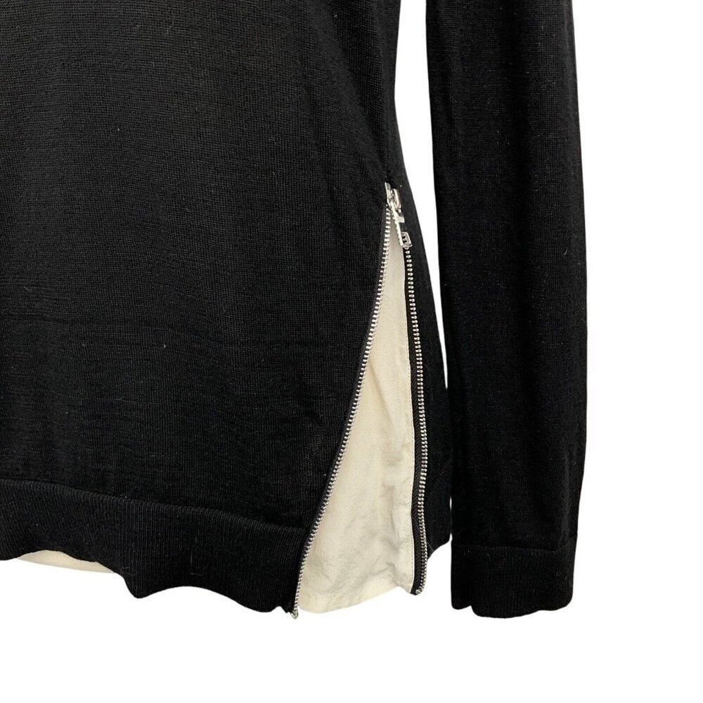 Sandro Paris Merino Wool Sweater Black Size 2 / S Silk Details Zipper Pullover - Picture 2 of 13
